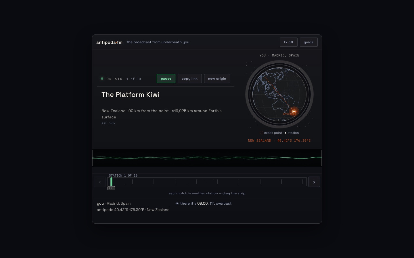 antipoda-fm round 3: the app shrunk into an 800px boxed card in the centre of the screen, with a small globe in a porthole and a thin waveform strip.