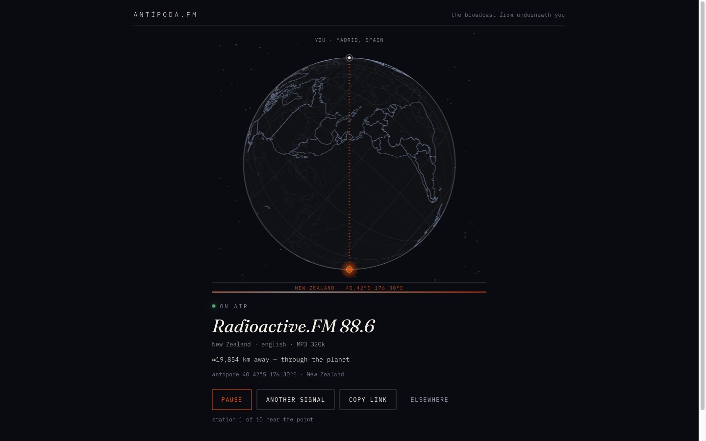 antipoda-fm v1: a dark page with a flat globe outline, a station name, and a row of outlined uppercase monospace buttons.