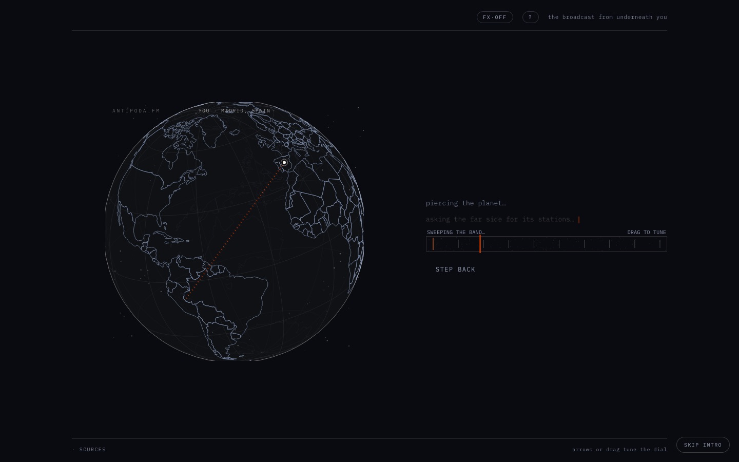 antipoda-fm redesigned: a cutaway of the Earth with a glowing bore through the core and a depth readout.