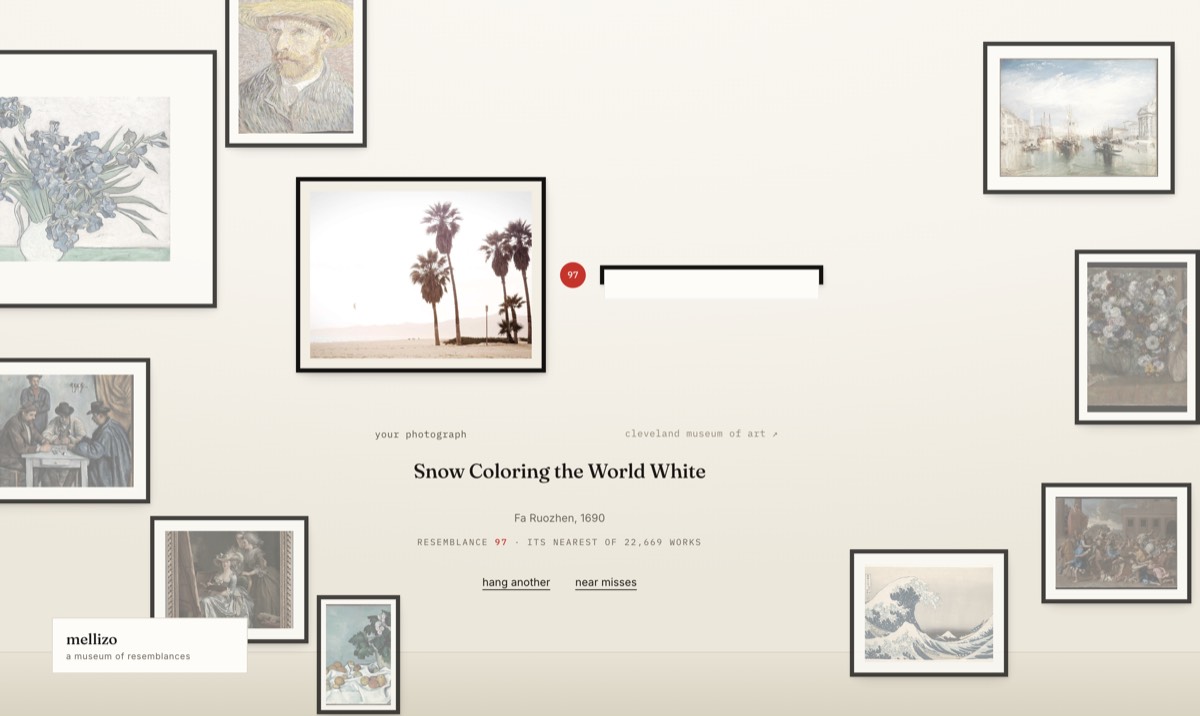 mellizo: a photo of palm trees matched at resemblance 97 to a thin white sliver labelled Snow Coloring the World White, a handscroll.